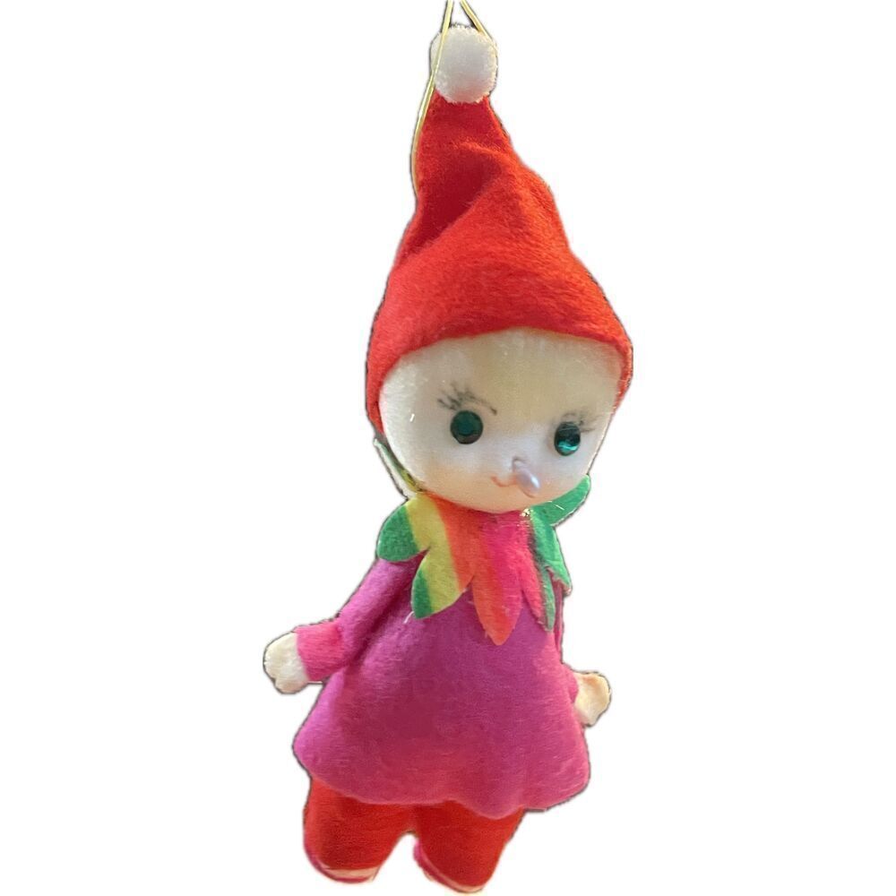 Vintage Felt Girl Elf Red Santa Hat Christmas Holiday Hanging Ornament 6" Tall